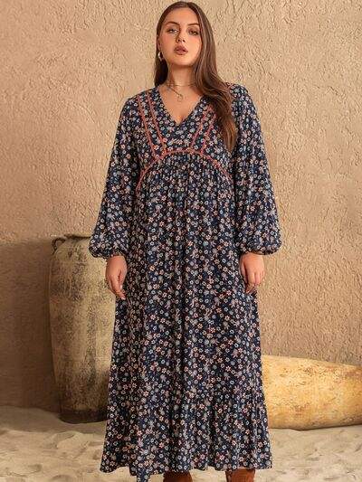 Plus Size Printed V-Neck Balloon Sleeve Dress - Trendsi - Flyclothing LLC