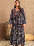 Plus Size Printed V-Neck Balloon Sleeve Dress - Trendsi - Flyclothing LLC