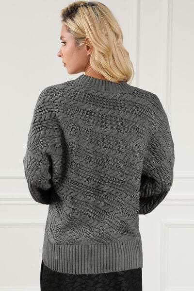 Cable-Knit Mock Neck Dropped Shoulder Sweater - Trendsi - Flyclothing LLC