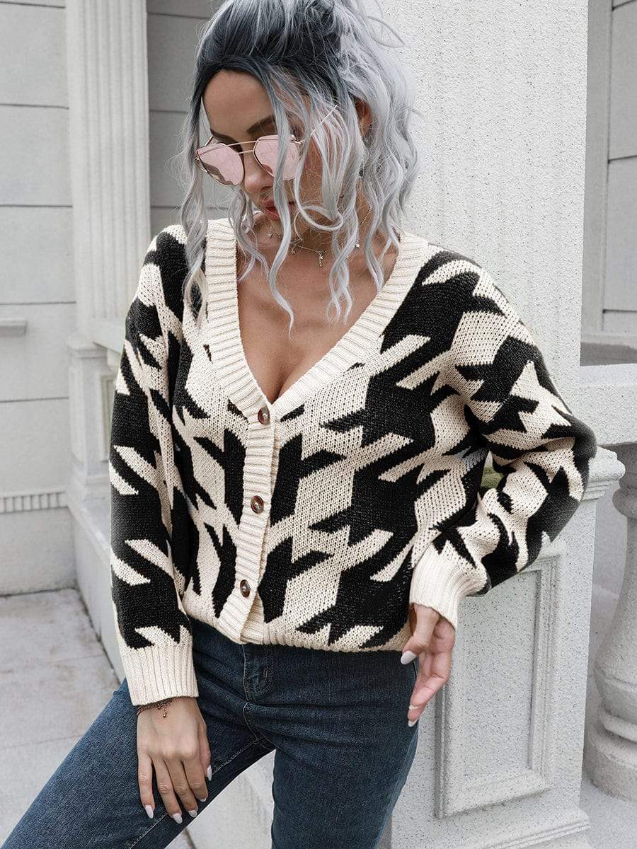Houndstooth Button Down Cardigan - Trendsi - Flyclothing LLC