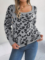 Leopard Buttoned Square Neck Sweater - Trendsi