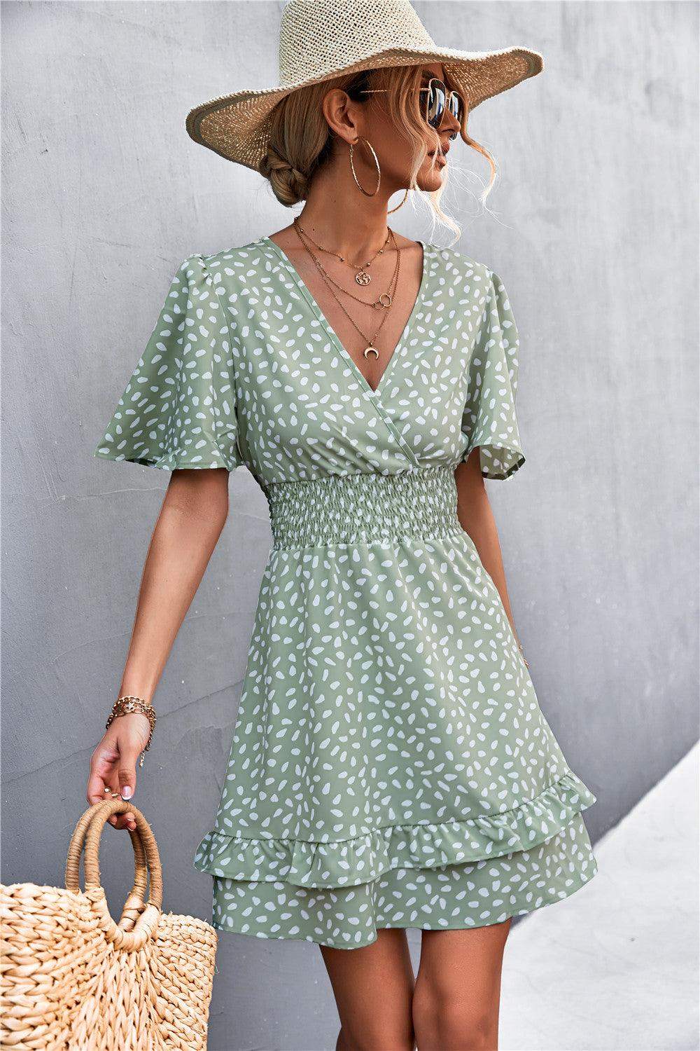 Printed Smocked Waist Layered Surplice Dress - Trendsi - Flyclothing LLC