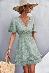 Printed Smocked Waist Layered Surplice Dress - Trendsi - Flyclothing LLC