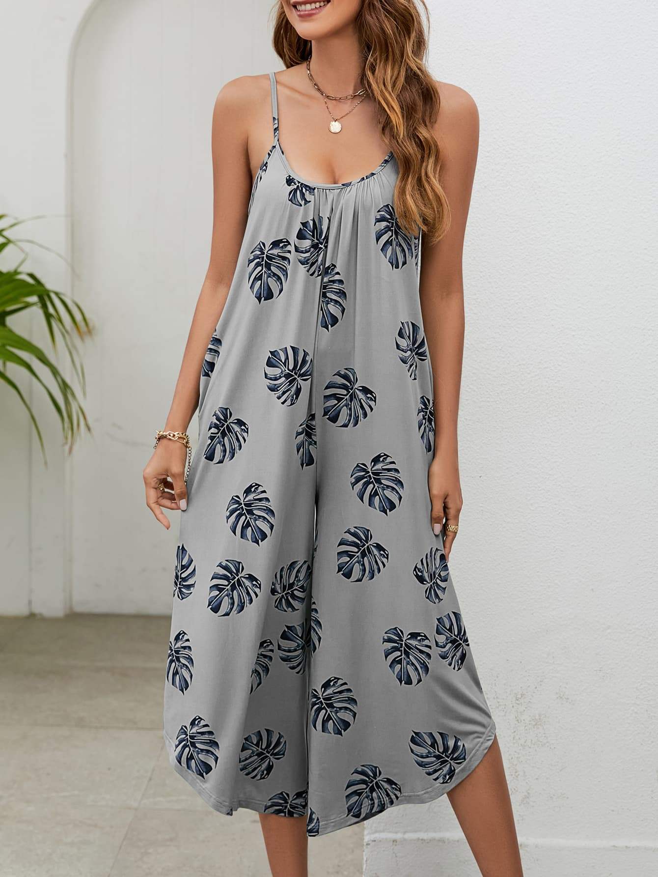 Botanical Print Spaghetti Strap Scoop Neck Jumpsuit - Trendsi - Flyclothing LLC