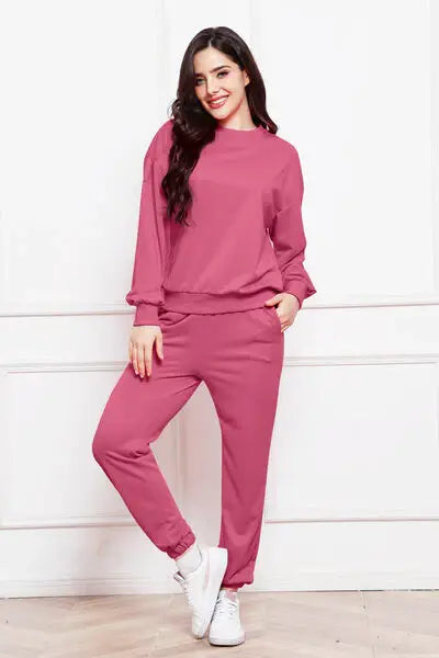Round Neck Long Sleeve Sweatshirt and Pants Set - Trendsi - Flyclothing LLC