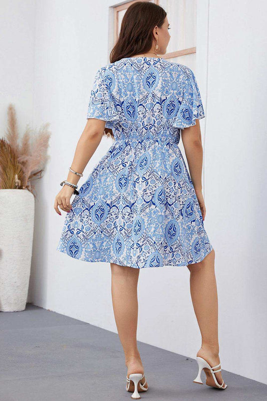 Plus Size Surplice Neck Flutter Sleeve Dress - Trendsi - Flyclothing LLC