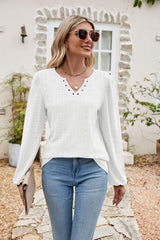 Eyelet Notched Neck Balloon Sleeve Blouse - Trendsi - Flyclothing LLC