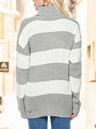 Striped Turtleneck Long Sleeve Sweater - Trendsi - Flyclothing LLC