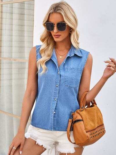 Pocketed Button Up Sleeveless Denim Top - Trendsi - Flyclothing LLC