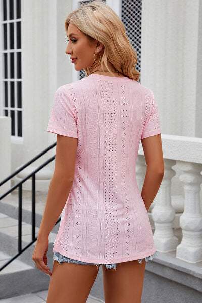 Eyelet Slit Round Neck Short Sleeve T-Shirt - Trendsi - Flyclothing LLC