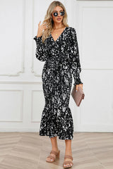 Printed V-Neck Smocked Midi Dress - Trendsi