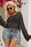 Openwork Round Neck Dropped Shoulder Knit Top - Trendsi