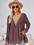Crochet Contrast V-Neck Long Sleeve Slit T-Shirt - Trendsi - Flyclothing LLC