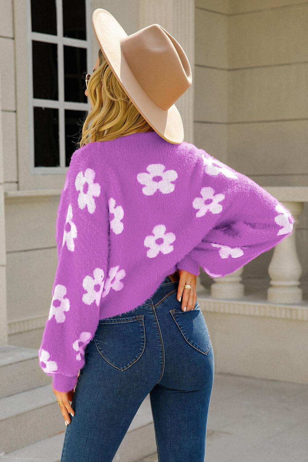 Floral Open Front Fuzzy Cardigan - Trendsi - Flyclothing LLC