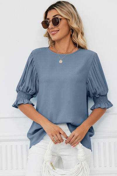 Frill Round Neck Lantern Sleeve T-Shirt - Trendsi - Flyclothing LLC