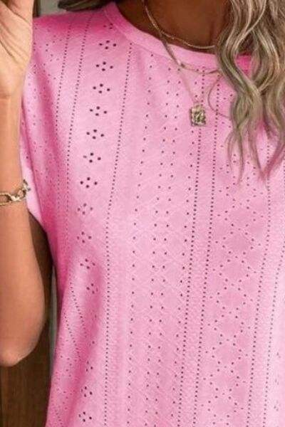 Eyelet Round Neck Short Sleeve T-Shirt - Trendsi - Flyclothing LLC