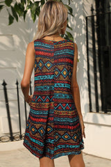 Printed Round Neck Sleeveless Dress with Pockets - Trendsi