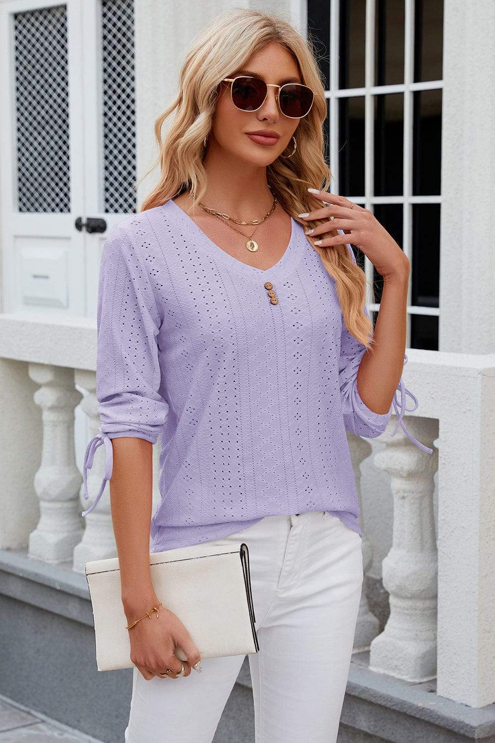 Eyelet Drawstring V-Neck Half Sleeve T-Shirt - Trendsi - Flyclothing LLC