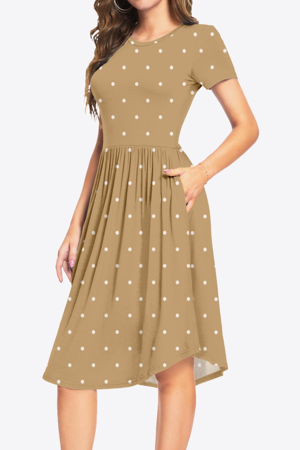 Printed Round Neck Short Sleeve Dress with Pockets - Trendsi