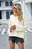 High-Low Slit Round Neck Long Sleeve Sweater - Trendsi - Flyclothing LLC