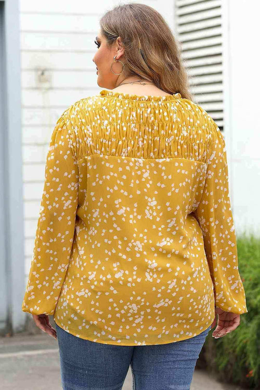 Plus Size Notched Neck Smocked Blouse - Trendsi - Flyclothing LLC