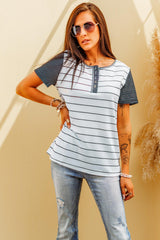 Striped Short Sleeve Henley T-Shirt - Flyclothing LLC