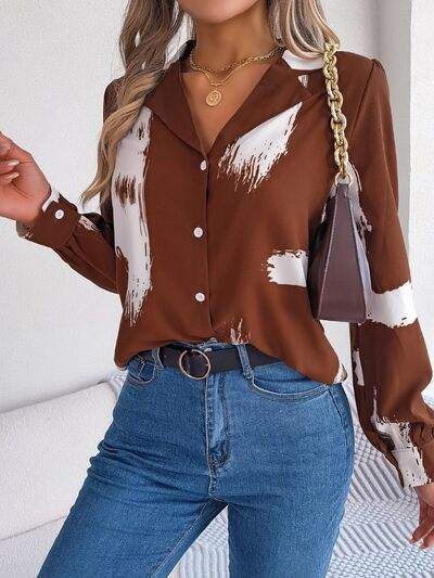 Printed Collared Neck Button Up Shirt - Trendsi - Flyclothing LLC