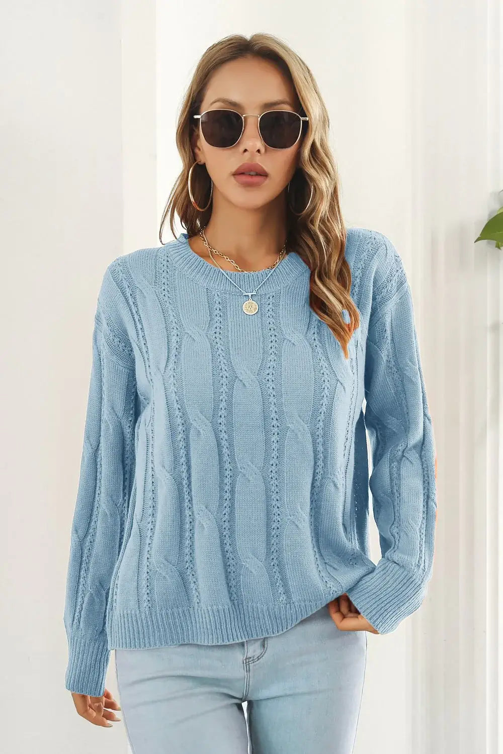Round Neck Long Sleeve Sweater - Trendsi - Flyclothing LLC