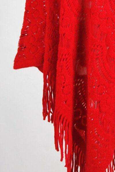 Fringe Openwork Surplice Cape Sleeve Poncho - Trendsi - Flyclothing LLC