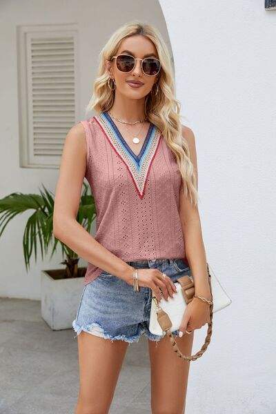 Contrast Eyelet V-Neck Tank - Trendsi - Flyclothing LLC