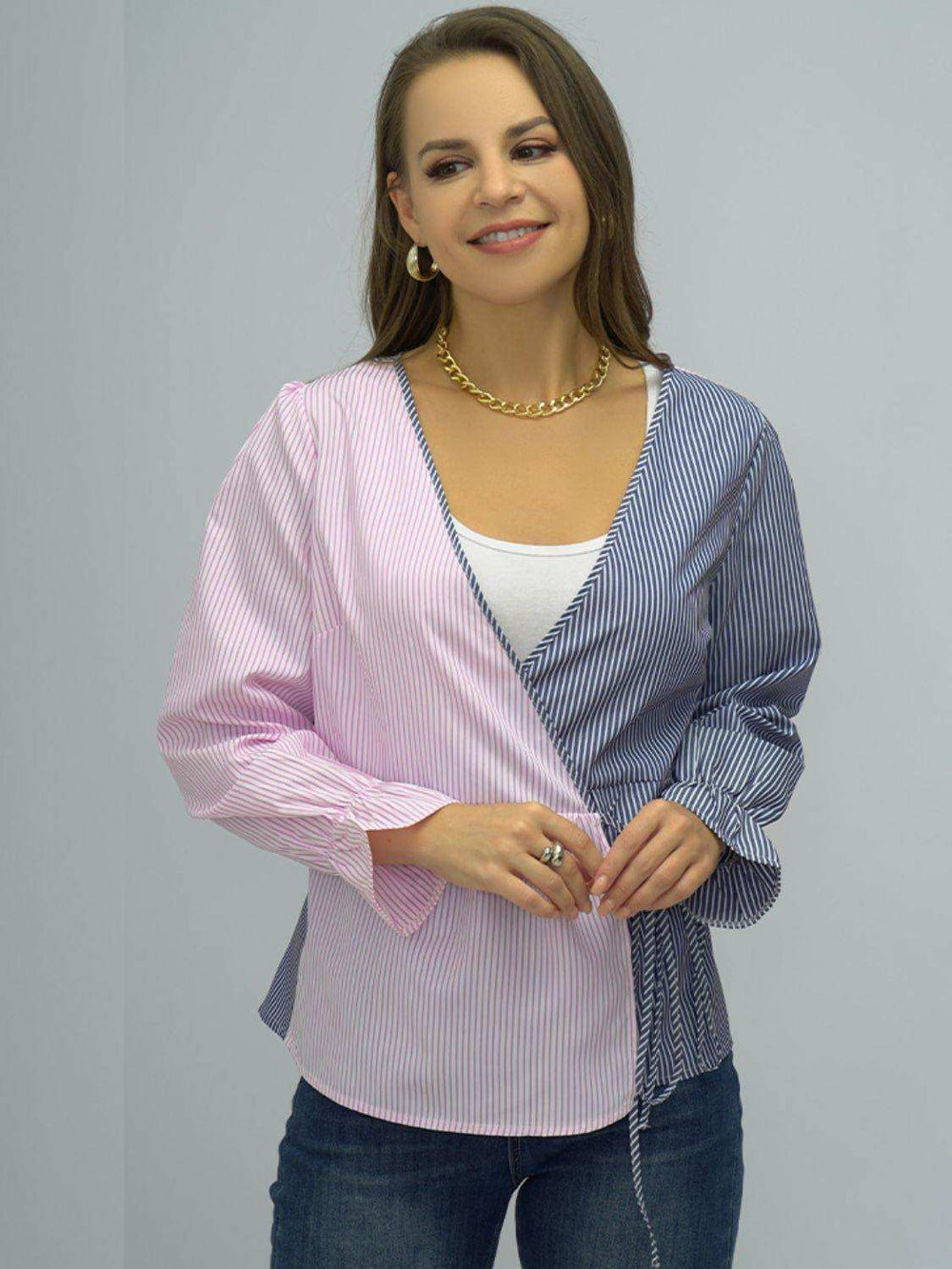 Surplice Neck Striped Long Sleeve Blouse - Trendsi - Flyclothing LLC