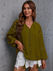 Crochet Tassel Tie Neck Long Sleeve Blouse - Trendsi