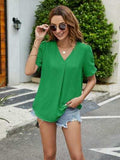 Ruched Short Sleeve V-Neck Blouse - Trendsi - Flyclothing LLC