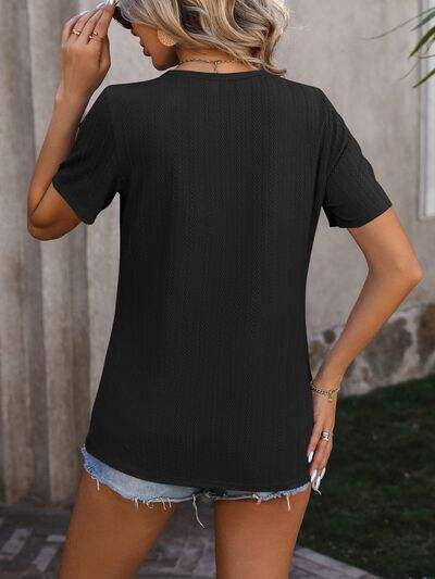 Decorative Button Round Neck Short Sleeve Blouse - Trendsi - Flyclothing LLC