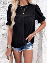 Eyelet Mock Neck Flounce Sleeve Blouse - Trendsi - Flyclothing LLC