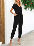 Short Sleeve V-Neck Jumpsuit with Pockets - Trendsi - Flyclothing LLC