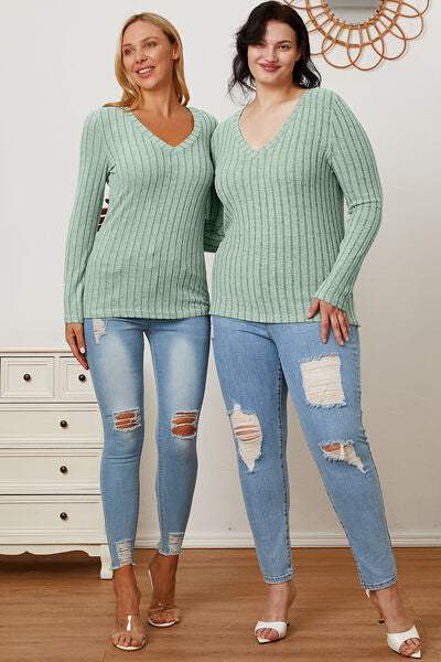 Basic Bae Full Size Ribbed V-Neck Long Sleeve T-Shirt - Trendsi - Flyclothing LLC