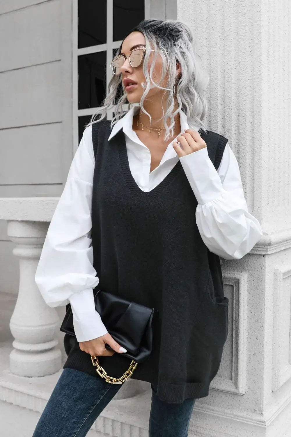 V-Neck Sleeveless Sweater Vest with Pocket - Trendsi - Flyclothing LLC