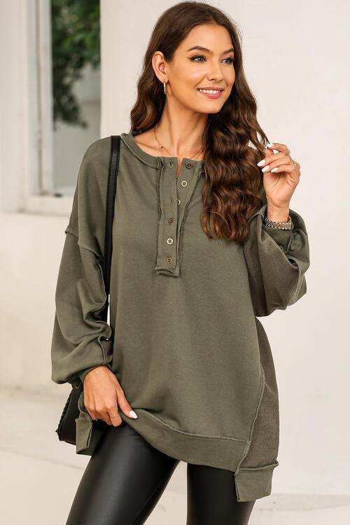 Buttoned Dropped Shoulder Sweatshirt - Trendsi - Flyclothing LLC