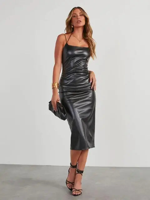PU Slit Midi Dress - Trendsi - Flyclothing LLC