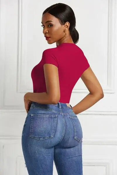 Round Neck Short Sleeve Bodysuit - Trendsi - Flyclothing LLC