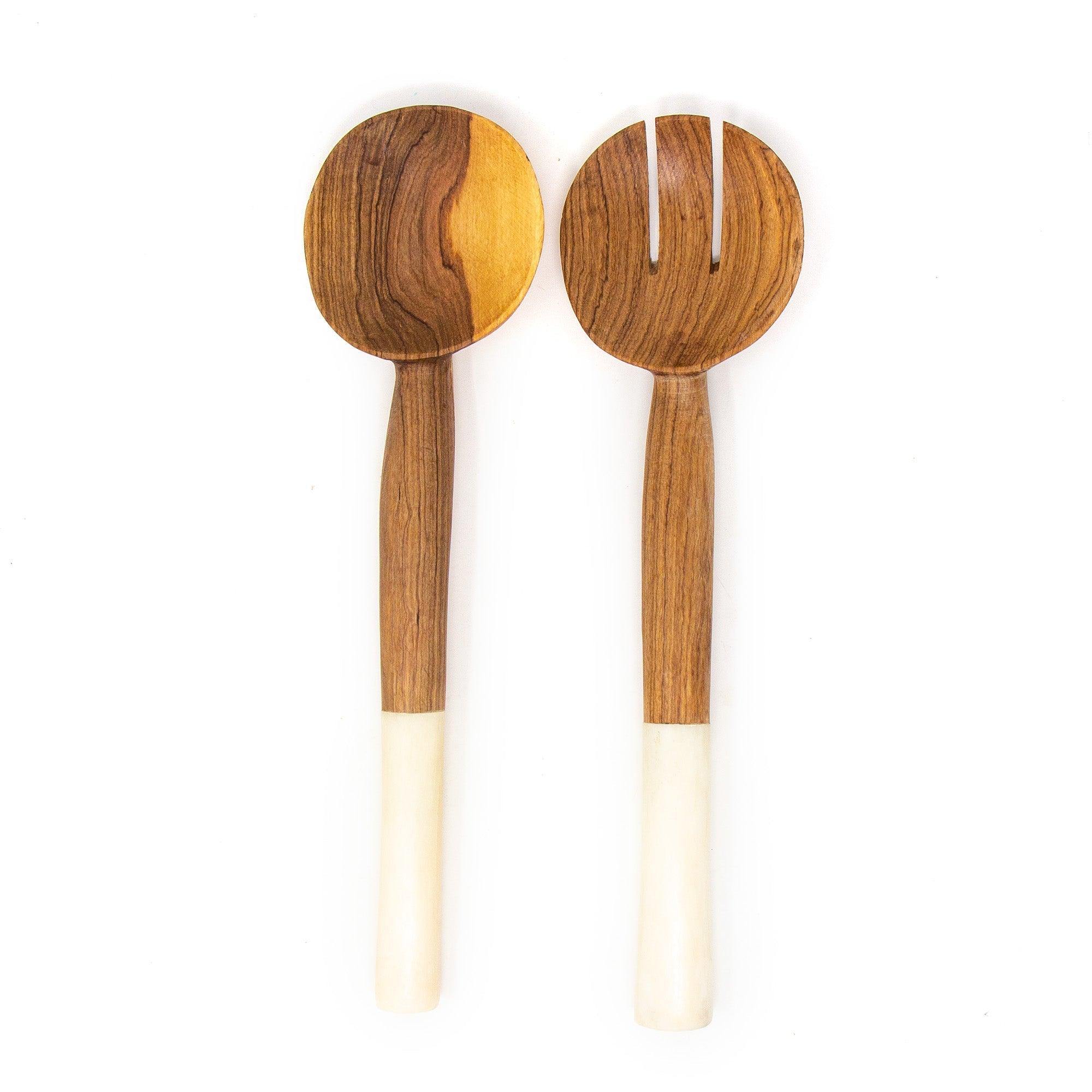 Olive Wood Salad Servers with White Bone - Jedando