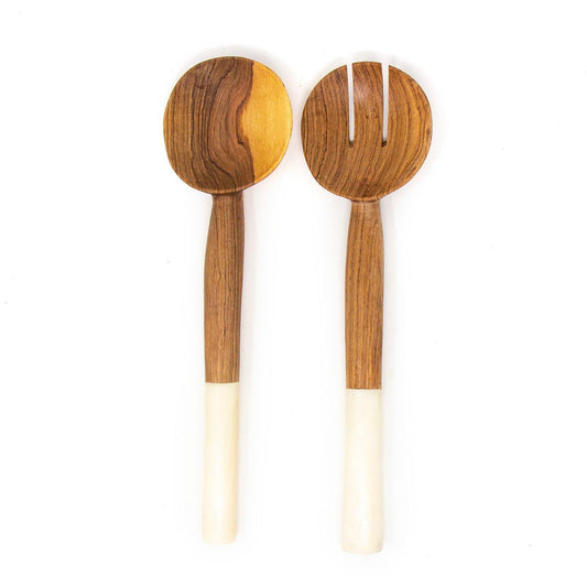 Olive Wood Salad Servers with White Bone - Jedando
