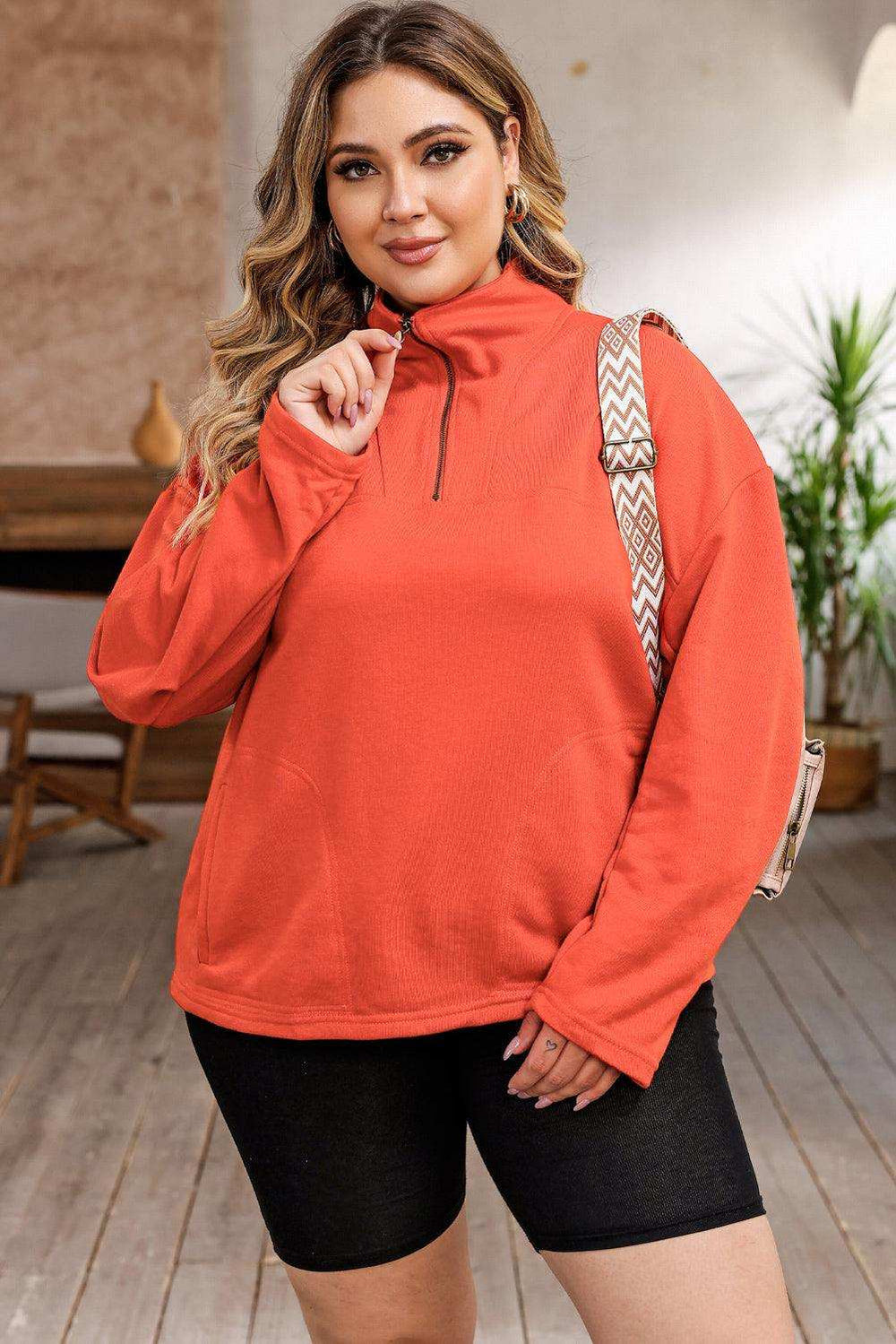 Plus Size Zip-Up Dropped Shoulder Sweatshirt - Trendsi