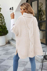 Cable-Knit Turtleneck Slit Sweater - Trendsi - Flyclothing LLC