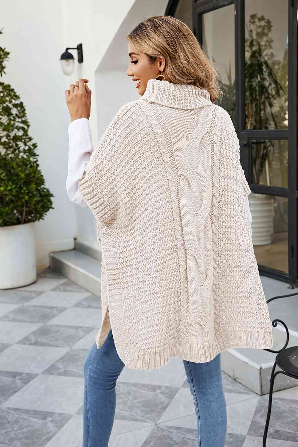 Cable-Knit Turtleneck Slit Sweater - Trendsi - Flyclothing LLC