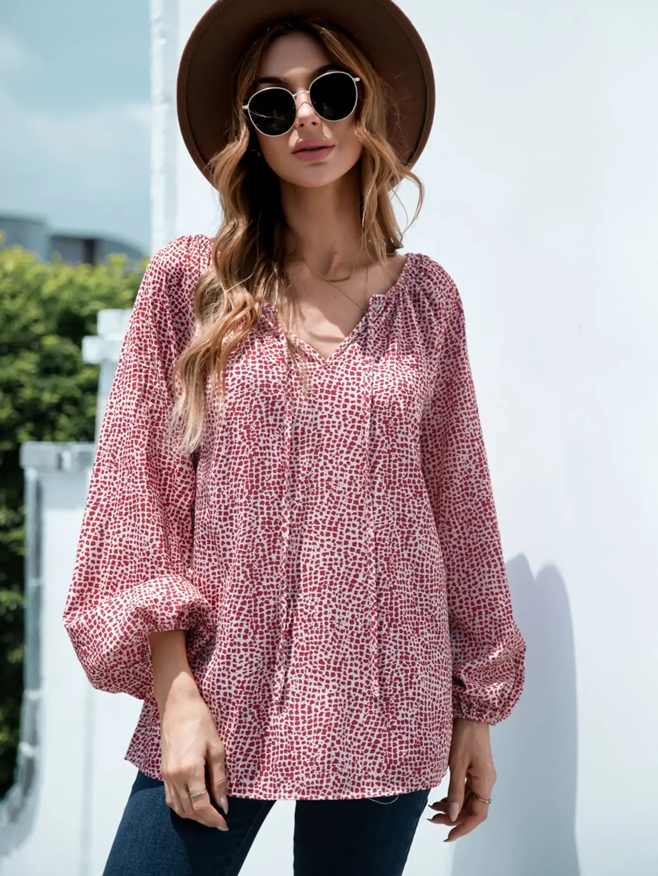 Printed Tie-Neck Balloon Sleeve Blouse - Trendsi - Flyclothing LLC