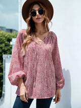 Printed Tie-Neck Balloon Sleeve Blouse - Trendsi - Flyclothing LLC