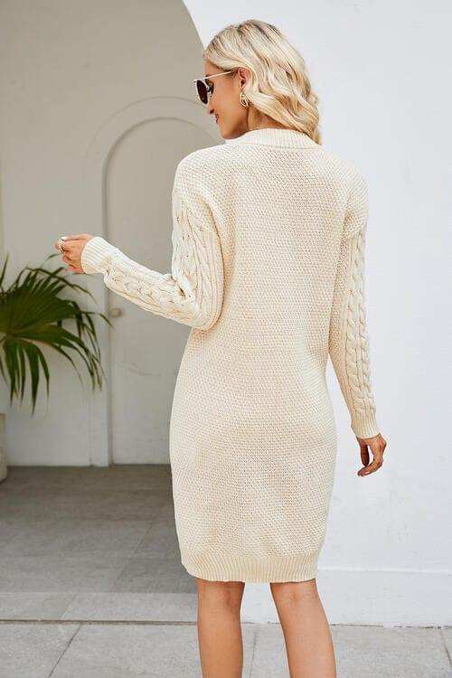 Cable-Knit Long Sleeve Sweater Dress - Trendsi - Flyclothing LLC