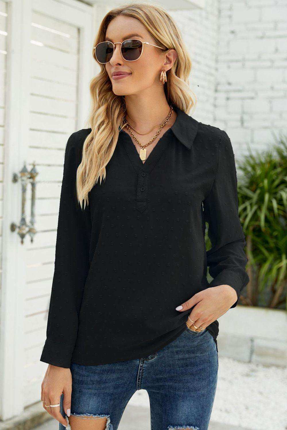 Swiss Dot Johnny Collar Blouse - Trendsi - Flyclothing LLC